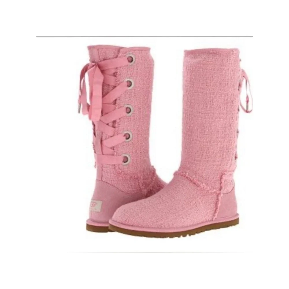 UGG Pink Heirloom Lace Up Tall Winter Boots Size 6